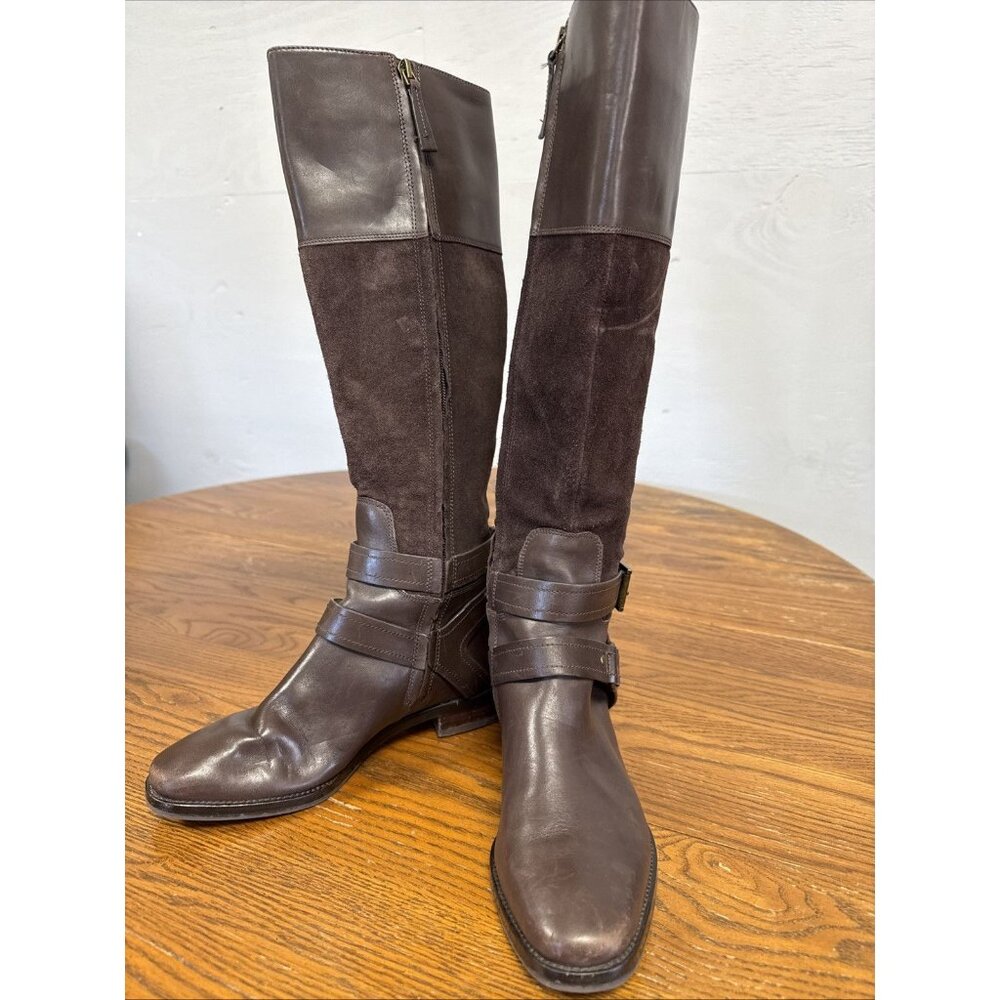 Joan David Riding Boots Leather Suede Brown Tall Knee High Buckle Womens 6.5